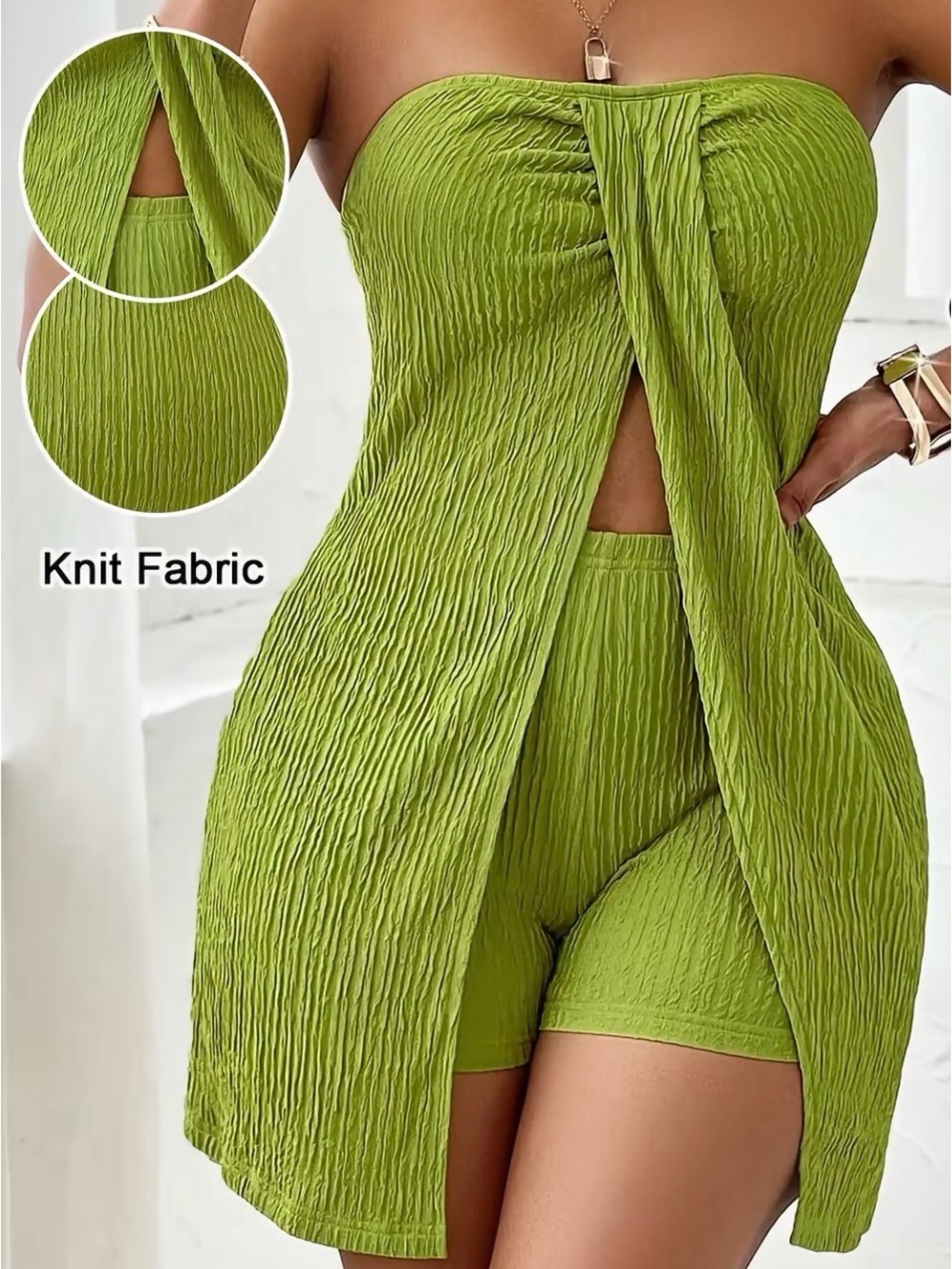 Crinkle Knit Strapless Two-Piece Set - Lime Green